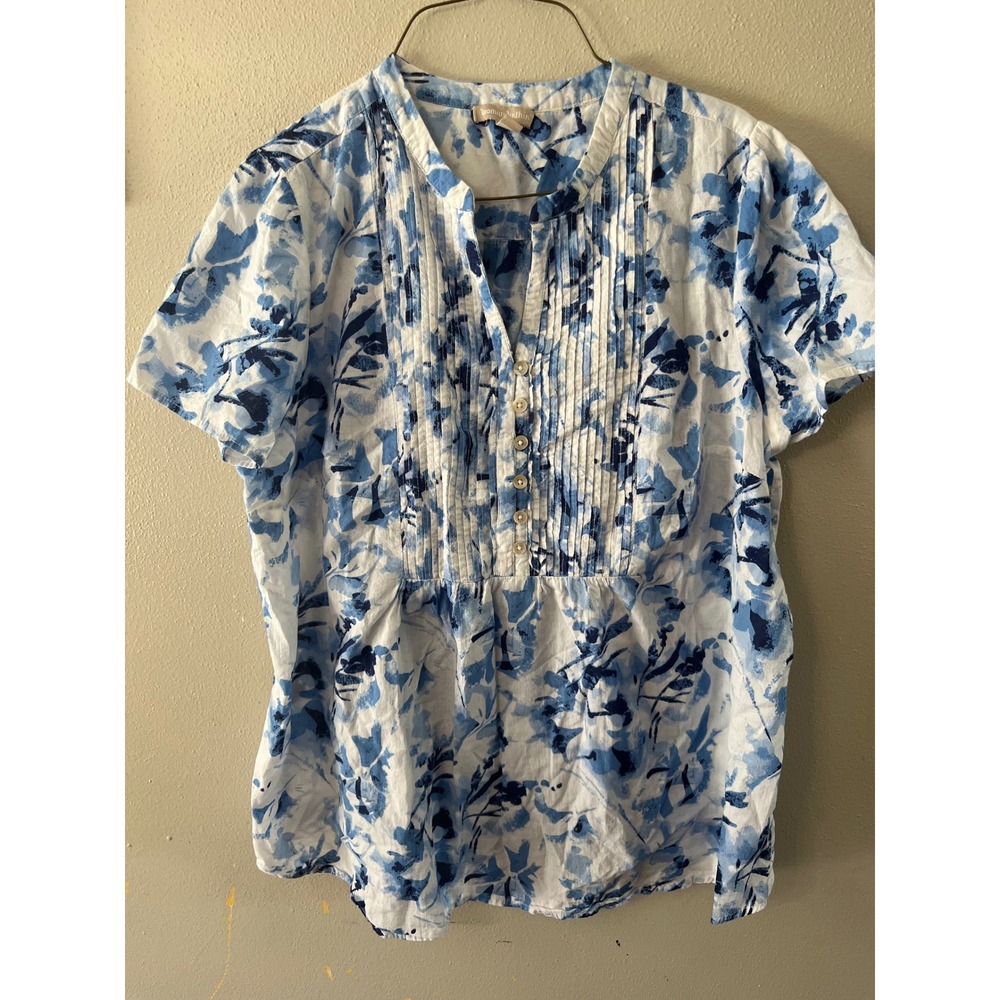 WOMAN WITHIN Floral Pintuck Blouse Women L 18/20 Blue White Cotton Casual Top